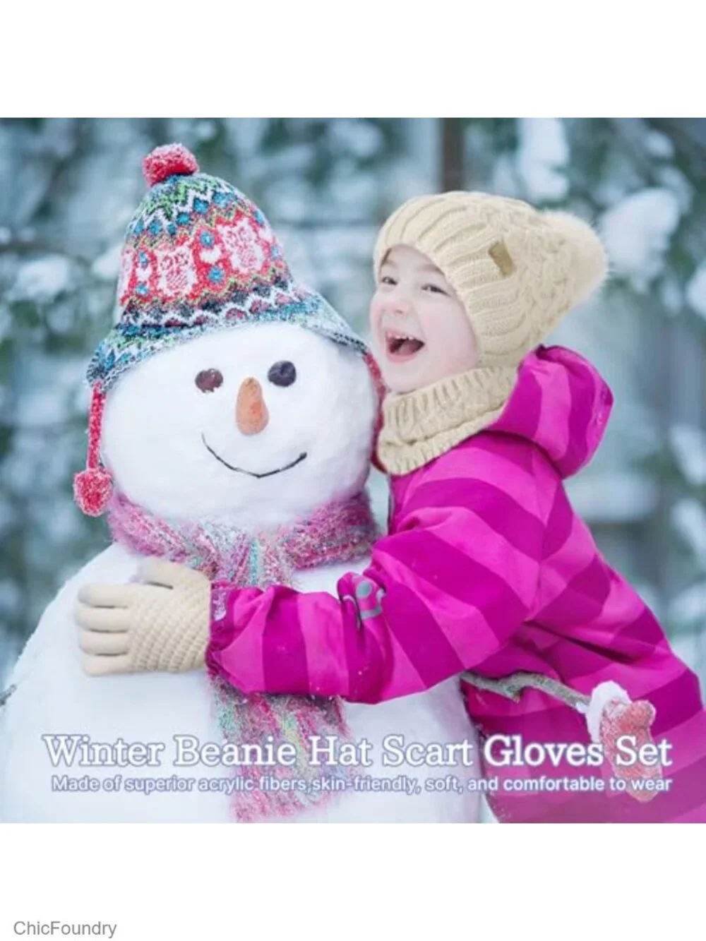 Girls Fleece Lined Knitted Pom Hat, Scarf, Gloves Set Winter Warm Set